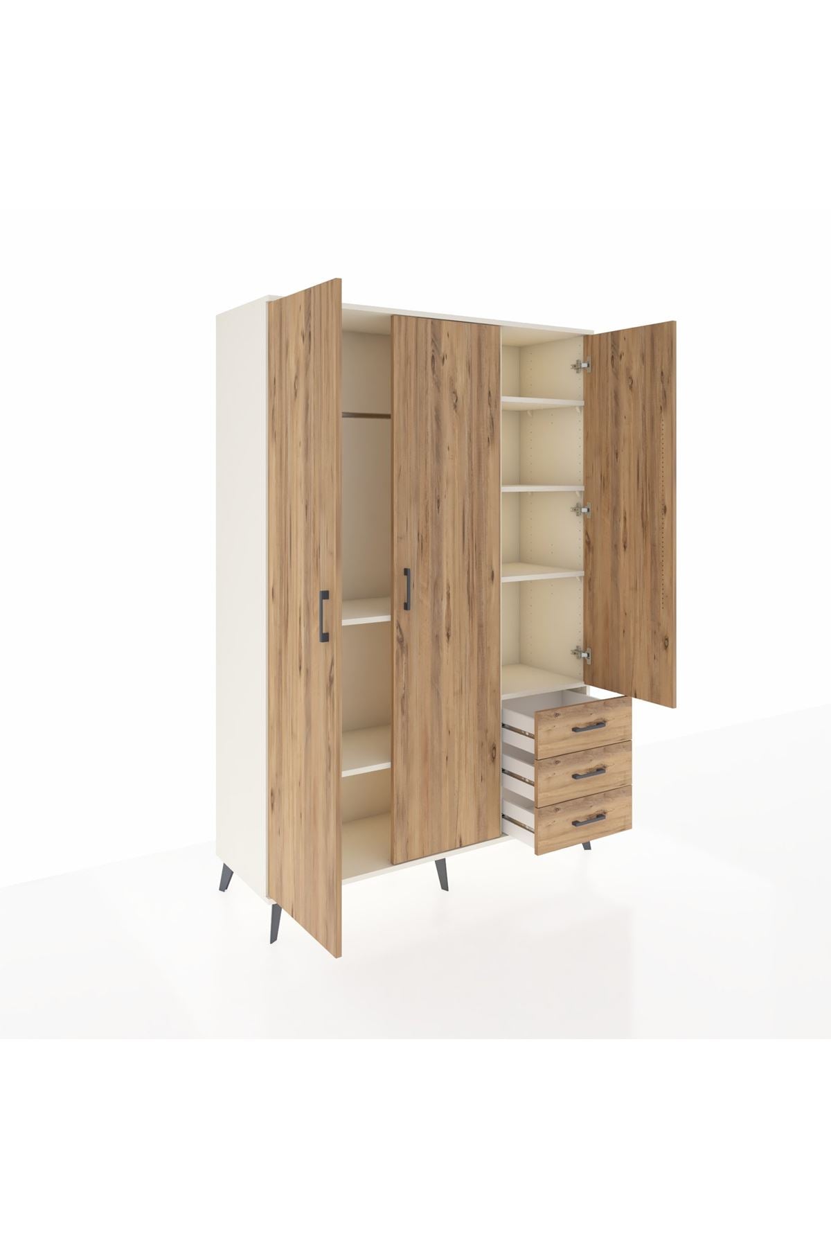 Hyperion Dolap 6 Raflı 3 Çekmeceli Tek Askılı 132x44x195 Aytaşı-Çam/Çam