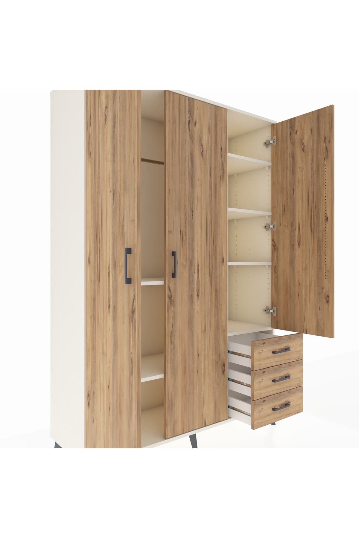 Hyperion Dolap 6 Raflı 3 Çekmeceli Tek Askılı 132x44x195 Aytaşı-Çam/Çam