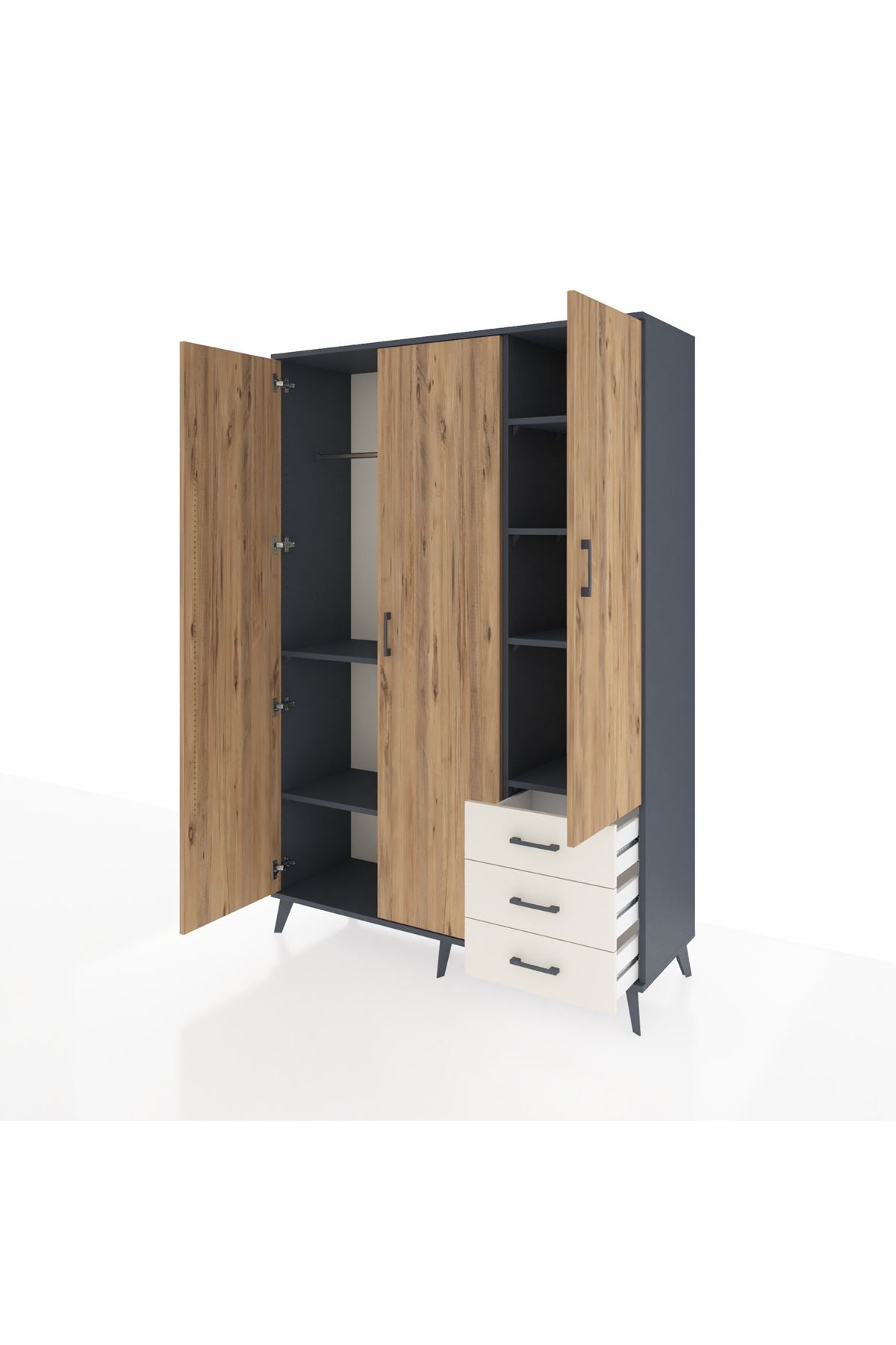 Hyperion Dolap 6 Raflı 3 Çekmeceli Tek Askılı 132x44x195 Antrasit-Çam/Aytaşı