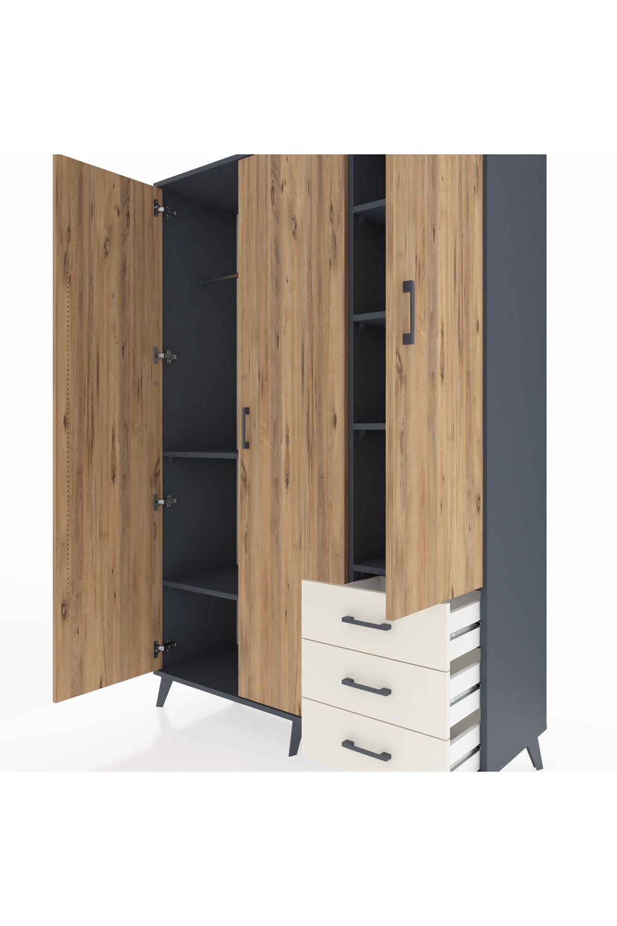 Hyperion Dolap 6 Raflı 3 Çekmeceli Tek Askılı 132x44x195 Antrasit-Çam/Aytaşı