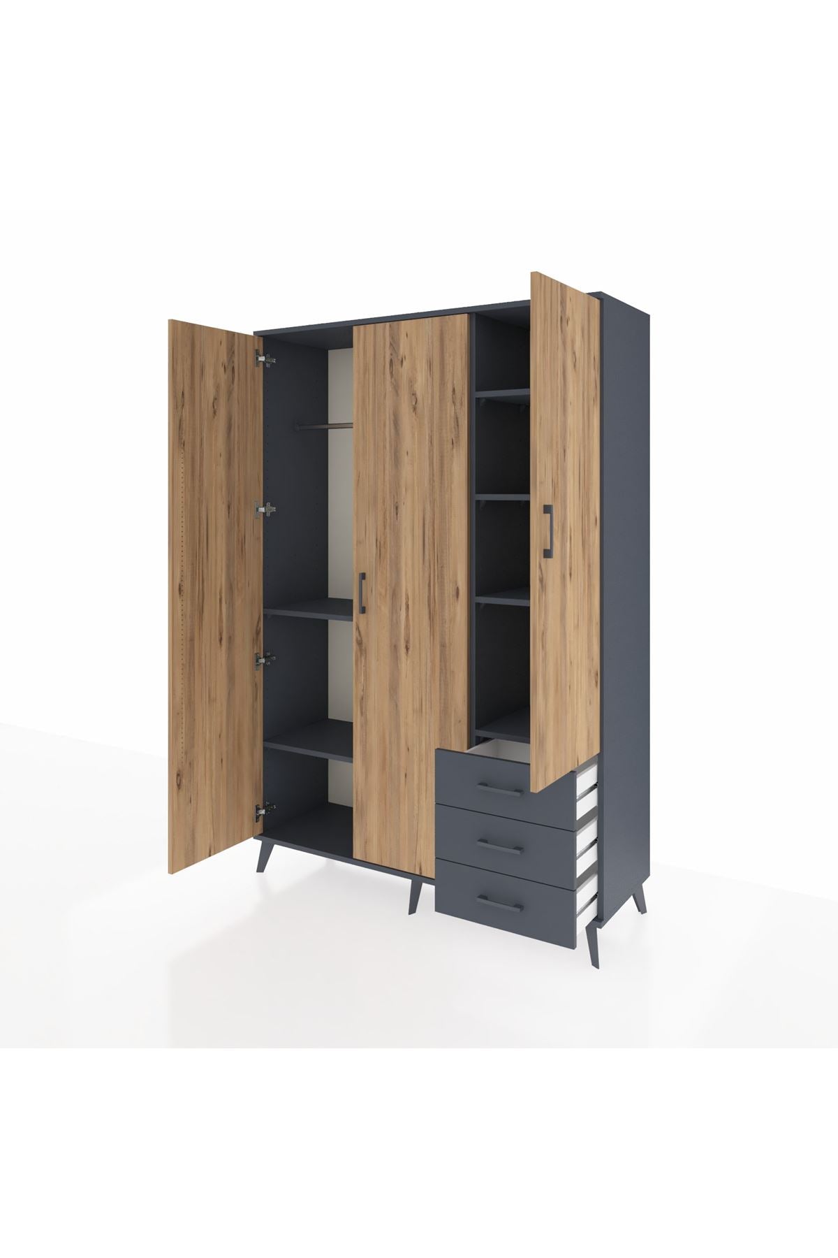 Hyperion Dolap 6 Raflı 3 Çekmeceli Tek Askılı 132x44x195 Antrasit-Çam/Antrasit