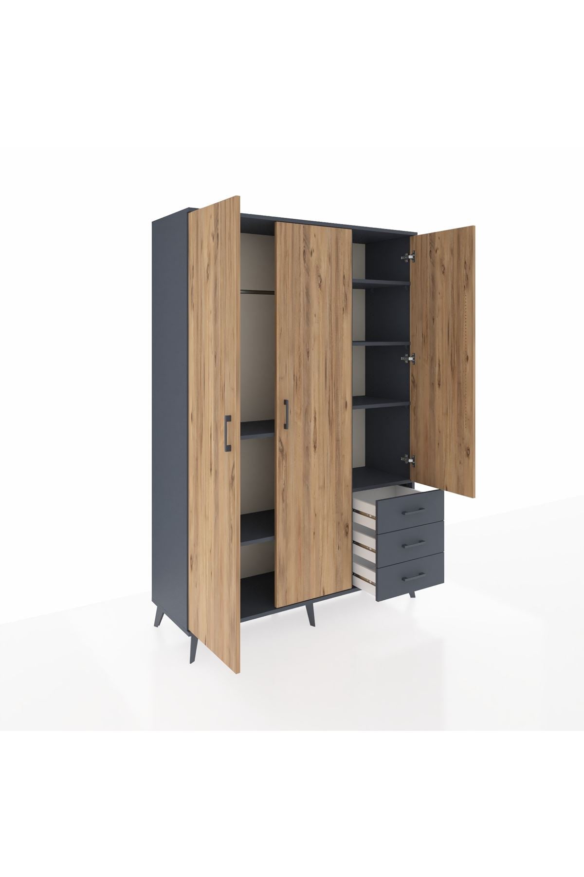 Hyperion Dolap 6 Raflı 3 Çekmeceli Tek Askılı 132x44x195 Antrasit-Çam/Antrasit