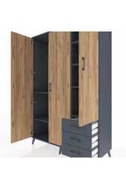 Hyperion Dolap 6 Raflı 3 Çekmeceli Tek Askılı 132x44x195 Antrasit-Çam/Antrasit