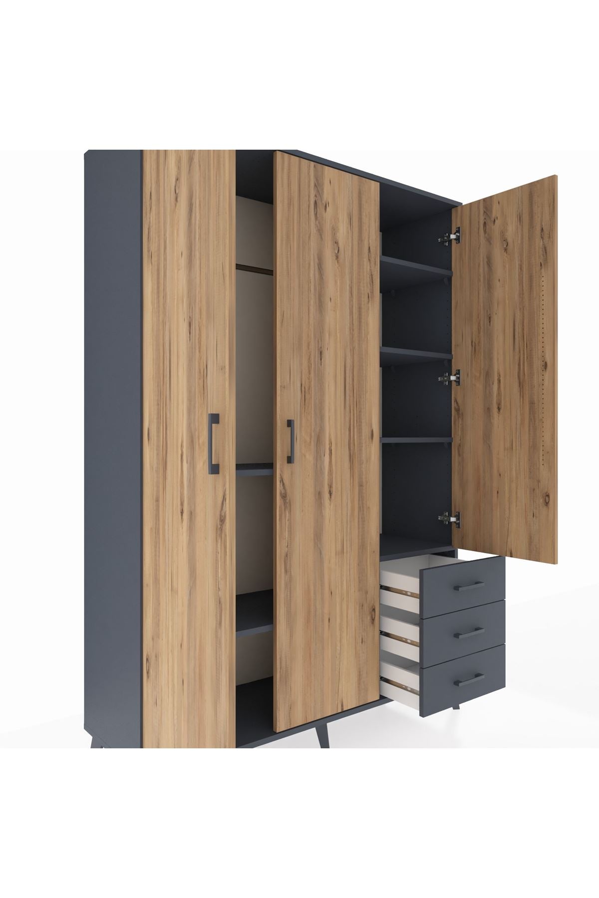 Hyperion Dolap 6 Raflı 3 Çekmeceli Tek Askılı 132x44x195 Antrasit-Çam/Antrasit