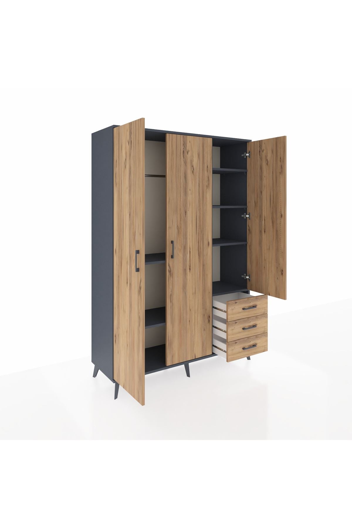 Hyperion Dolap 6 Raflı 3 Çekmeceli Tek Askılı 132x44x195 Antrasit-Çam/Çam