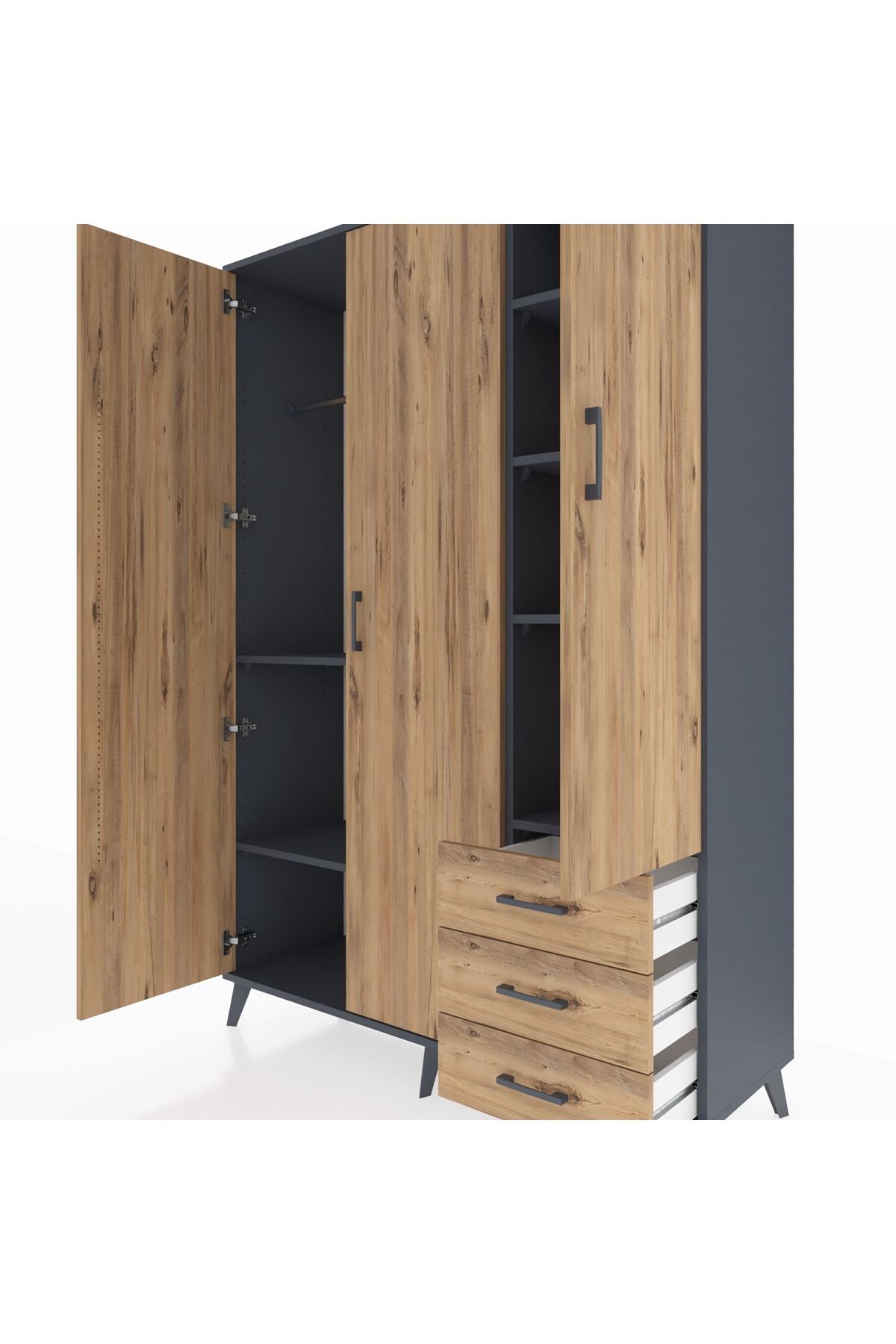 Hyperion Dolap 6 Raflı 3 Çekmeceli Tek Askılı 132x44x195 Antrasit-Çam/Çam