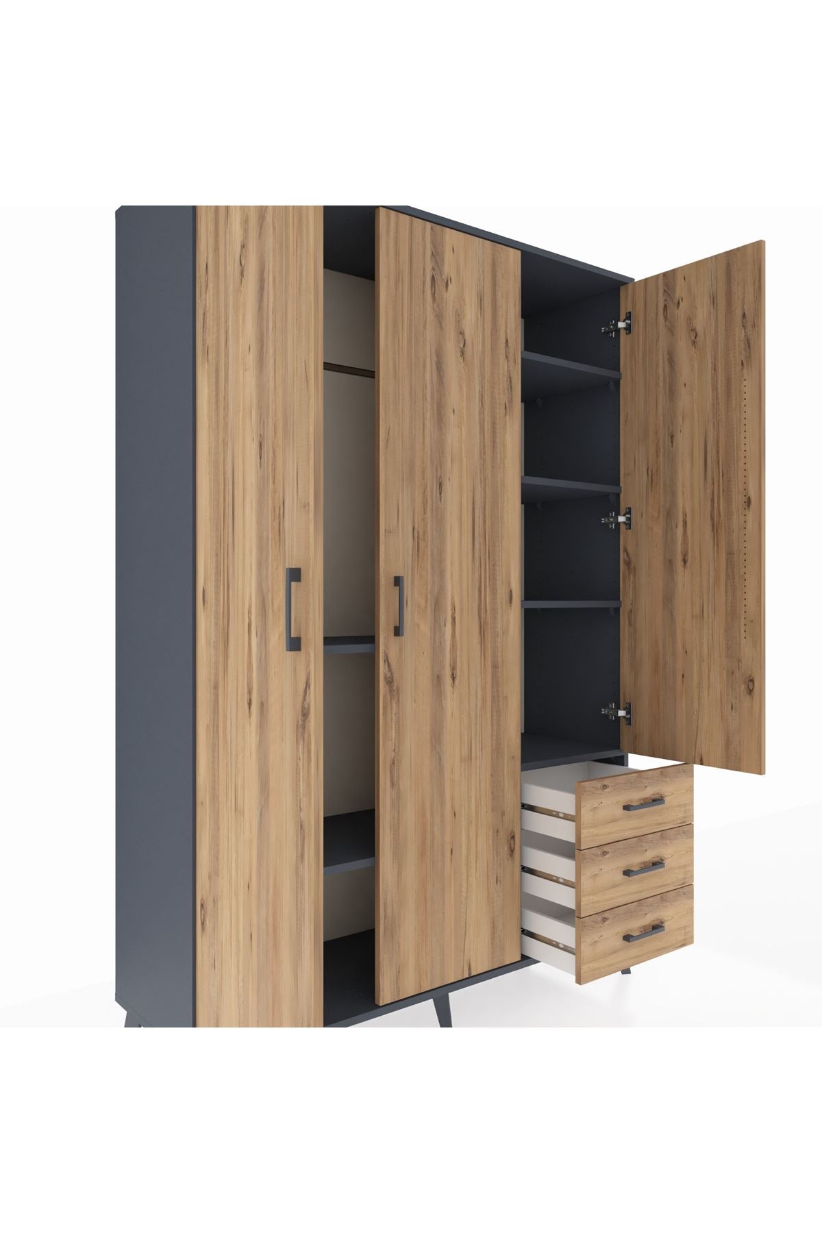 Hyperion Dolap 6 Raflı 3 Çekmeceli Tek Askılı 132x44x195 Antrasit-Çam/Çam