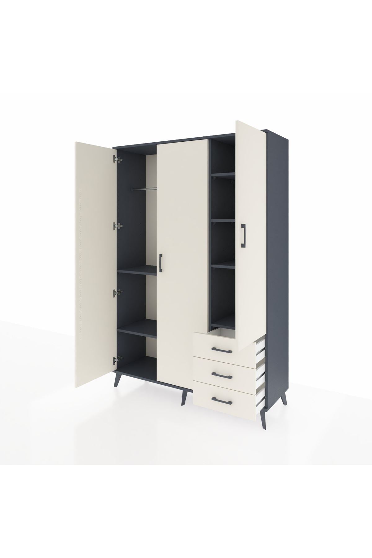 Hyperion Dolap 6 Raflı 3 Çekmeceli Tek Askılı 132x44x195 Antrasit-Aytaşı/Aytaşı