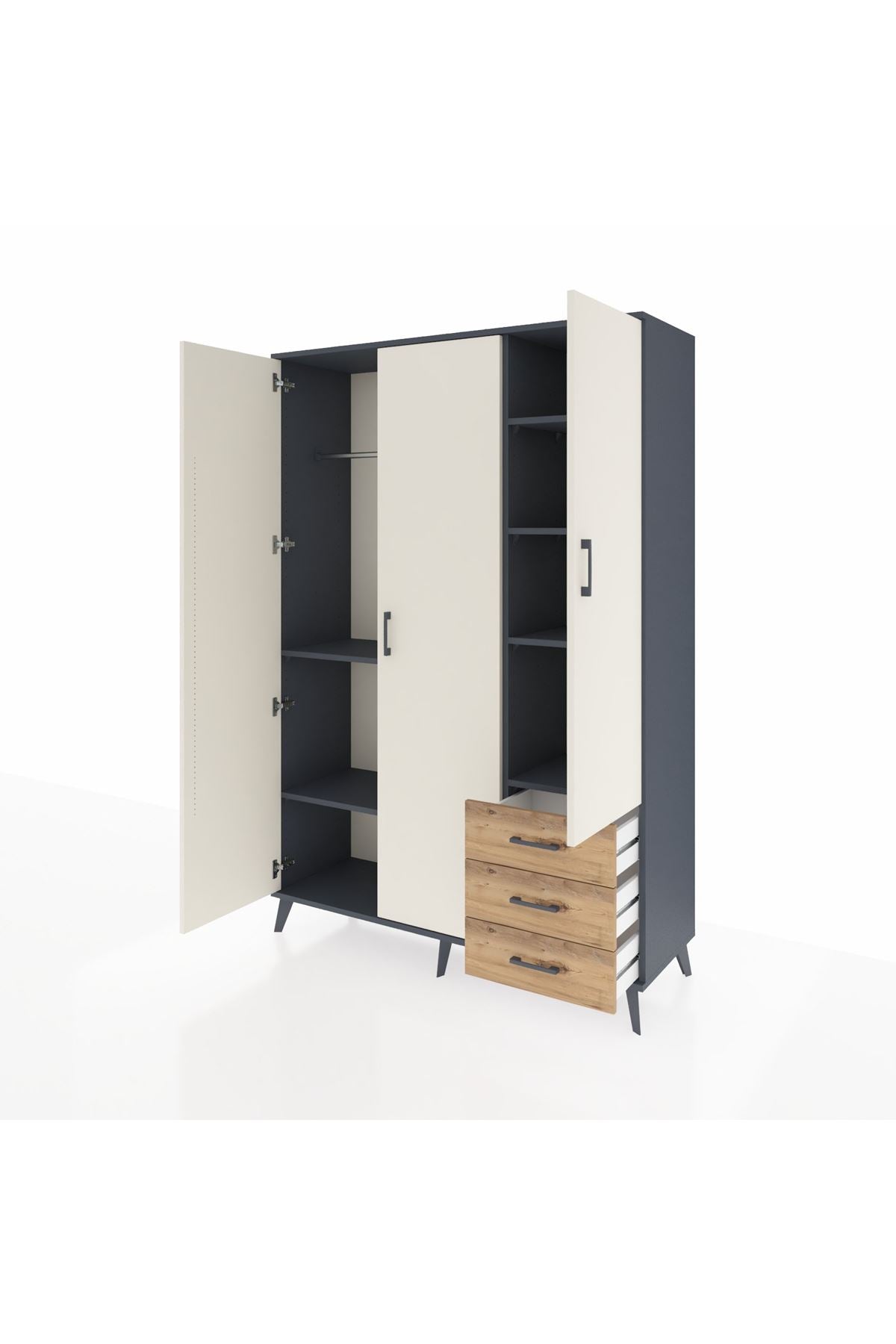 Hyperion Dolap 6 Raflı 3 Çekmeceli Tek Askılı 132x44x195 Antrasit-Aytaşı/Çam