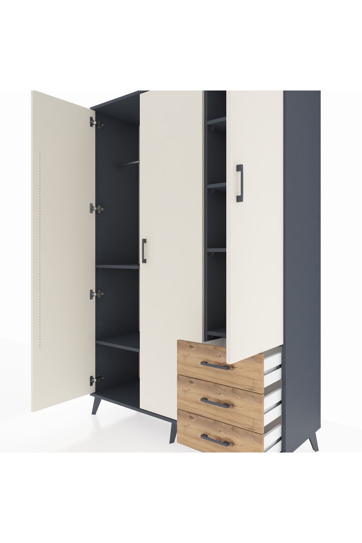 Hyperion Dolap 6 Raflı 3 Çekmeceli Tek Askılı 132x44x195 Antrasit-Aytaşı/Çam