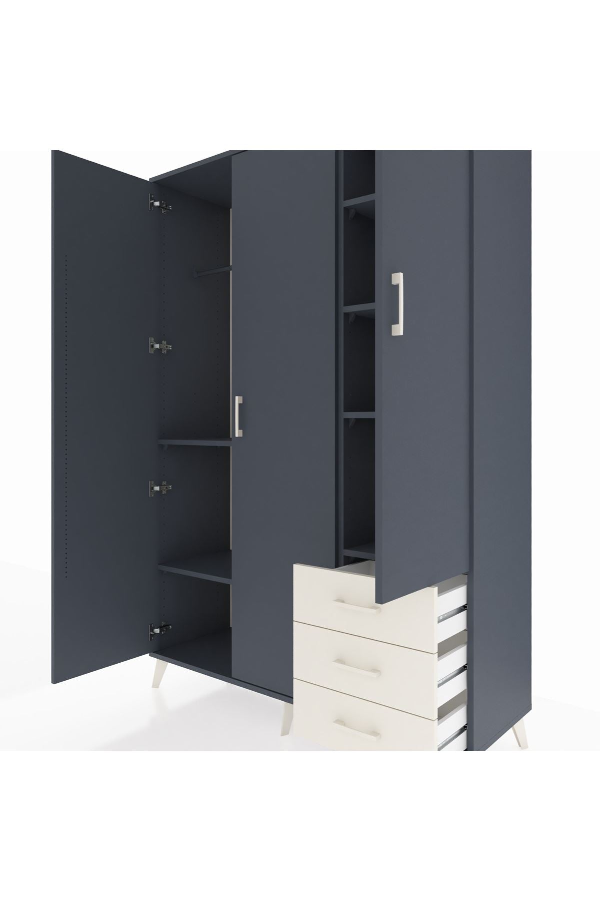 Hyperion Dolap 6 Raflı 3 Çekmeceli Tek Askılı 132x44x195 Antrasit-Antrasit/Aytaşı