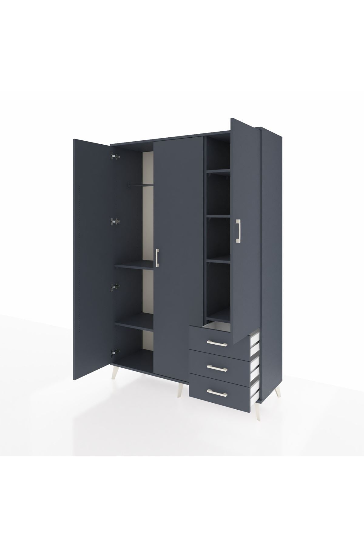 Hyperion Dolap 6 Raflı 3 Çekmeceli Tek Askılı 132x44x195 Antrasit-Antrasit/Antrasit