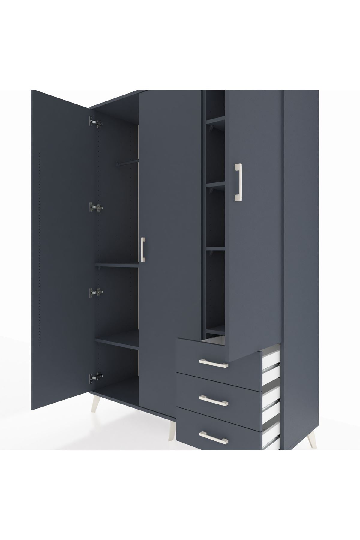 Hyperion Dolap 6 Raflı 3 Çekmeceli Tek Askılı 132x44x195 Antrasit-Antrasit/Antrasit