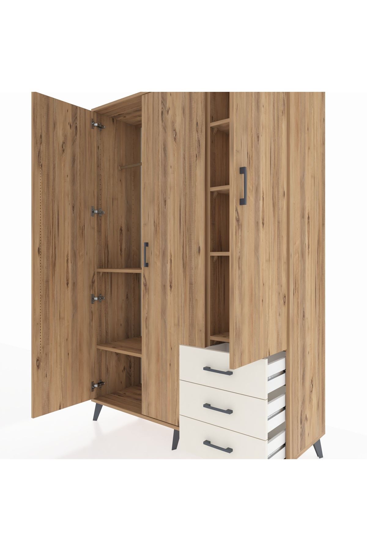 Hyperion Dolap 6 Raflı 3 Çekmeceli Tek Askılı 132x44x195 Çam-Çam/Aytaşı