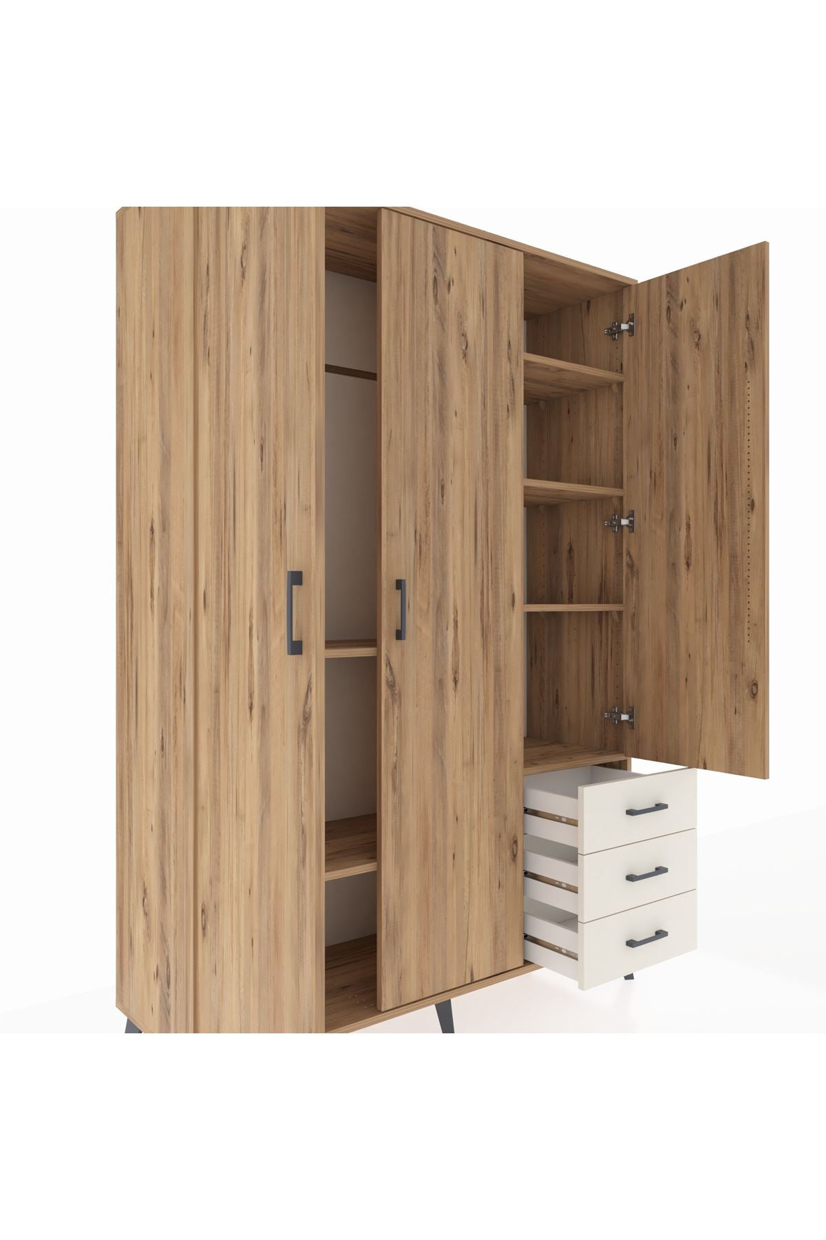 Hyperion Dolap 6 Raflı 3 Çekmeceli Tek Askılı 132x44x195 Çam-Çam/Aytaşı