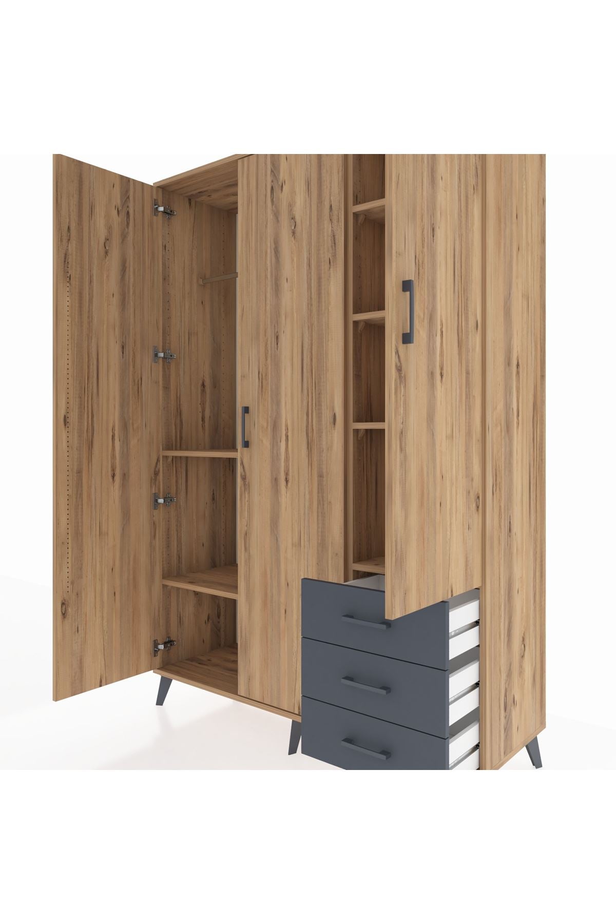 Hyperion Dolap 6 Raflı 3 Çekmeceli Tek Askılı 132x44x195 Çam-Çam/Antrasit