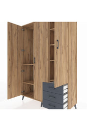 Hyperion Dolap 6 Raflı 3 Çekmeceli Tek Askılı 132x44x195 Çam-Çam/Antrasit