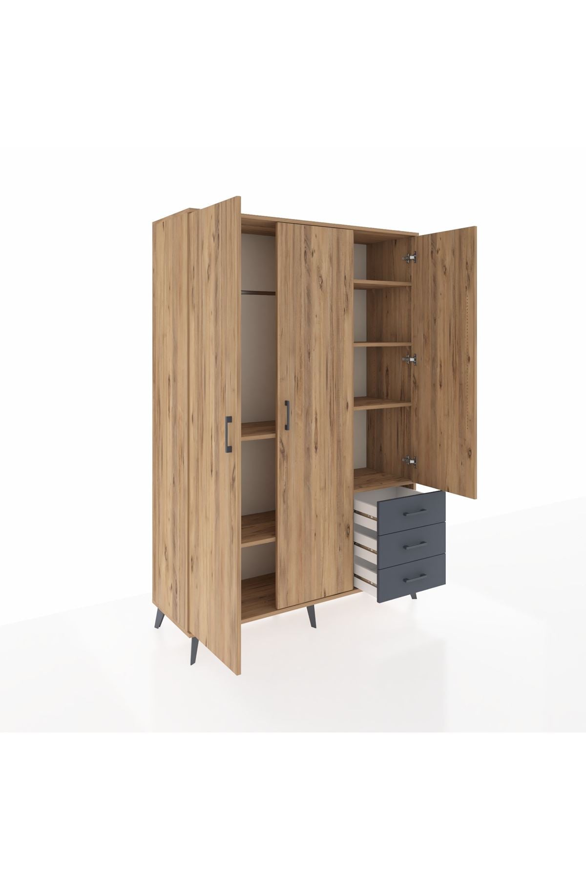 Hyperion Dolap 6 Raflı 3 Çekmeceli Tek Askılı 132x44x195 Çam-Çam/Antrasit