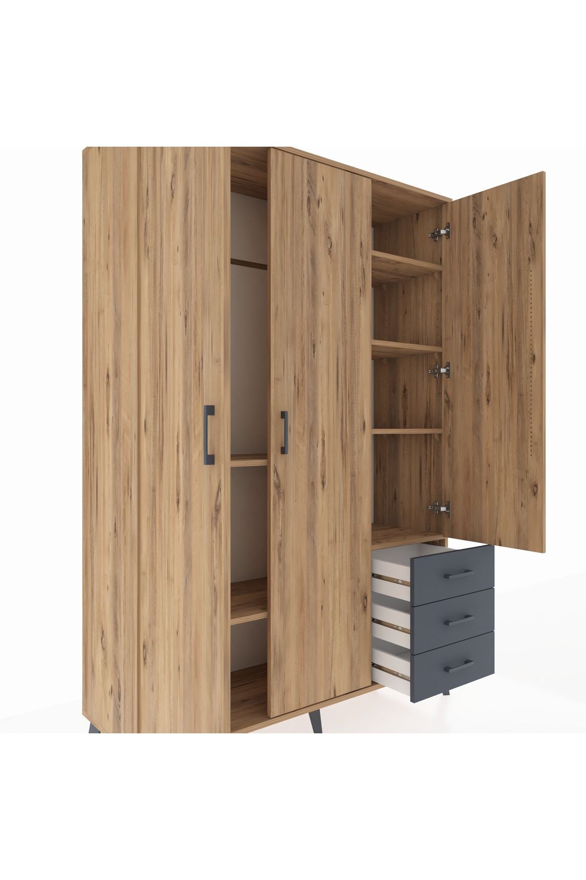 Hyperion Dolap 6 Raflı 3 Çekmeceli Tek Askılı 132x44x195 Çam-Çam/Antrasit