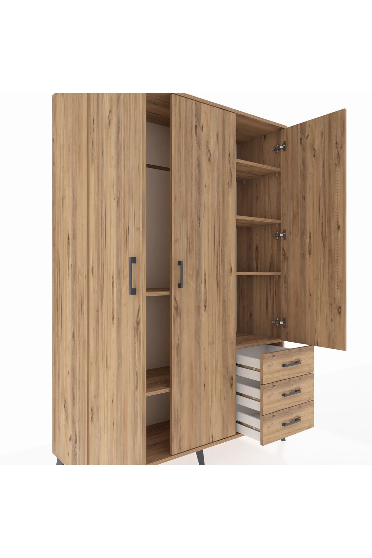 Hyperion Dolap 6 Raflı 3 Çekmeceli Tek Askılı 132x44x195 Çam-Çam/Çam