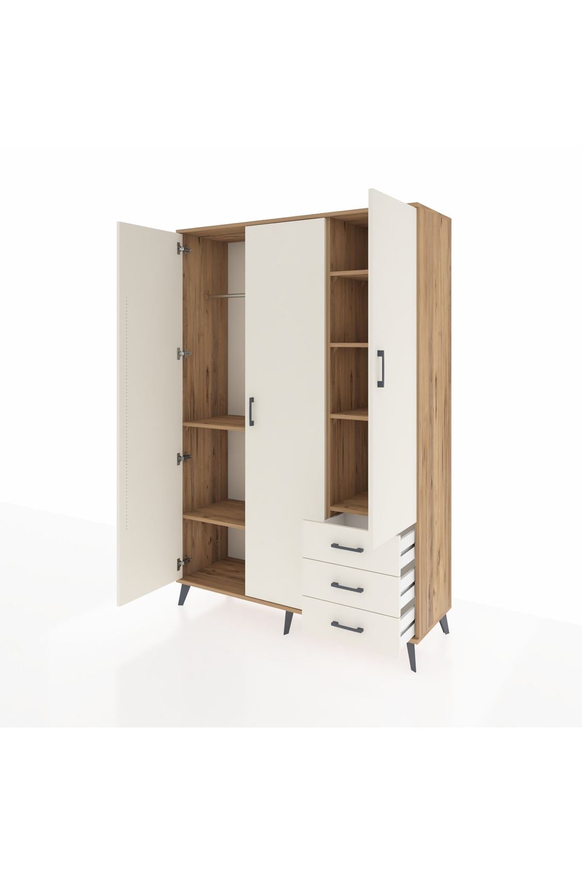 Hyperion Dolap 6 Raflı 3 Çekmeceli Tek Askılı 132x44x195 Çam-Aytaşı/Aytaşı