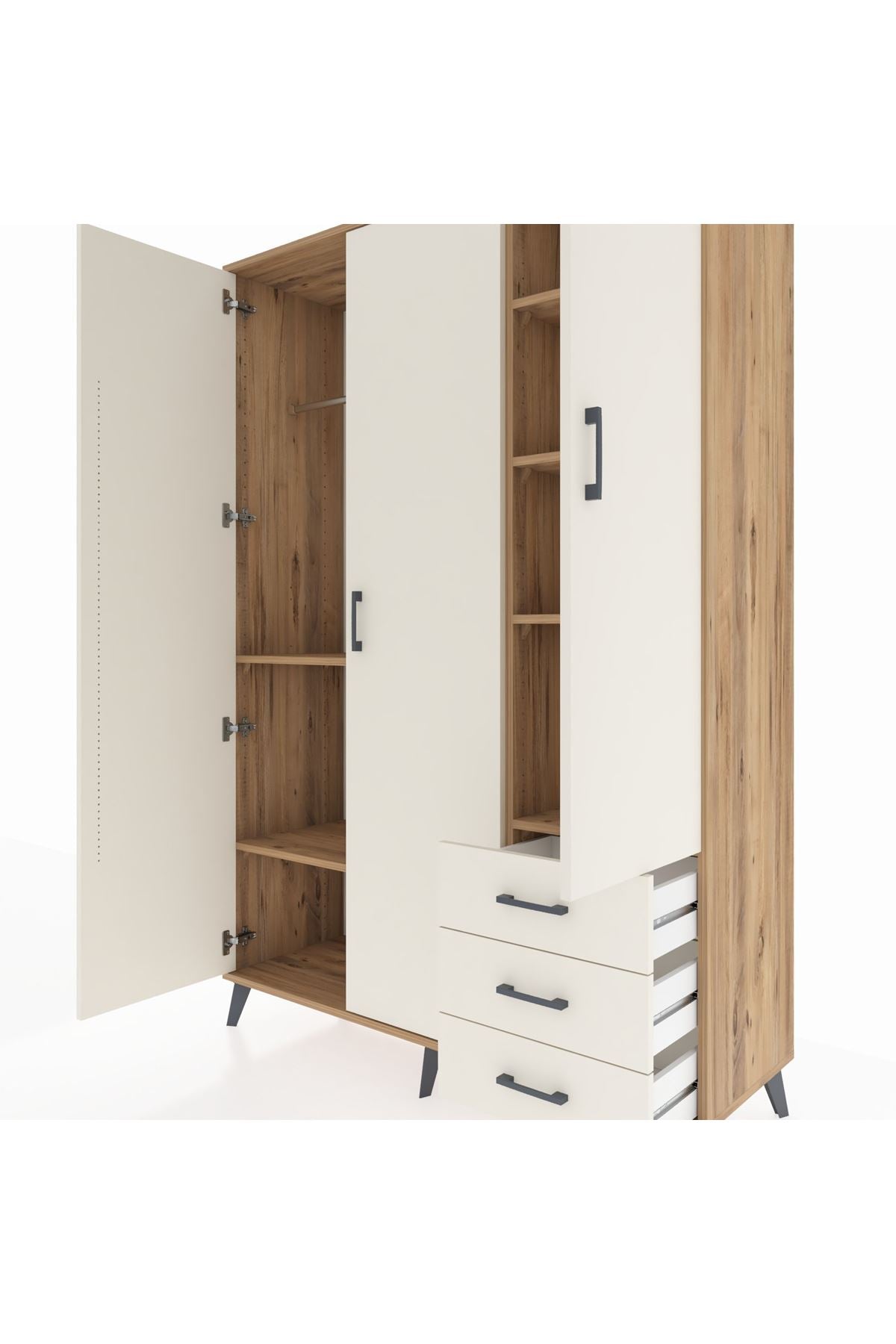 Hyperion Dolap 6 Raflı 3 Çekmeceli Tek Askılı 132x44x195 Çam-Aytaşı/Aytaşı