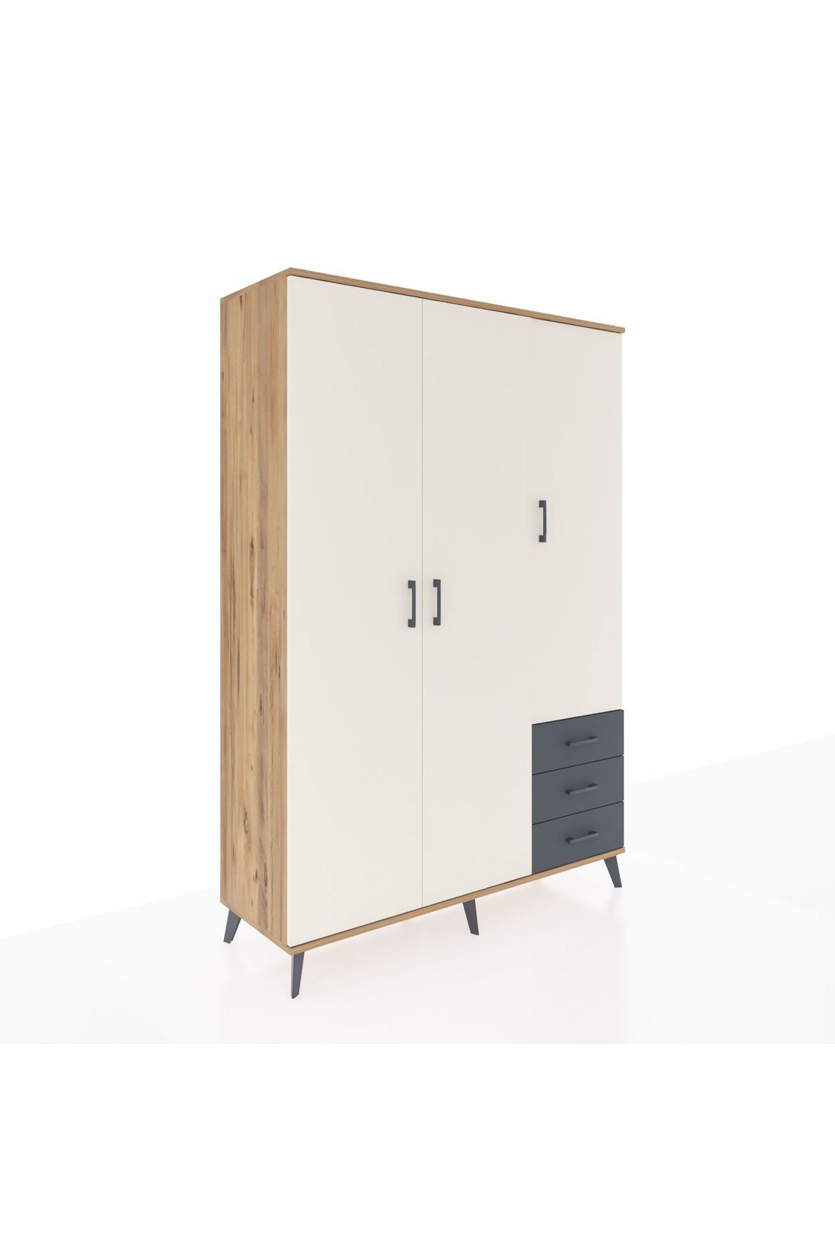 Hyperion Dolap 6 Raflı 3 Çekmeceli Tek Askılı 132x44x195 Çam-Aytaşı/Antrasit