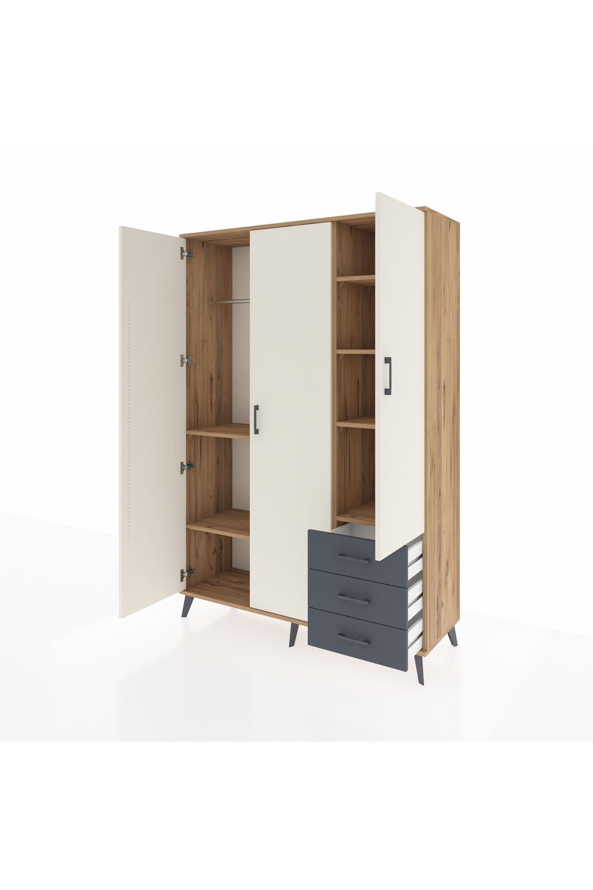 Hyperion Dolap 6 Raflı 3 Çekmeceli Tek Askılı 132x44x195 Çam-Aytaşı/Antrasit