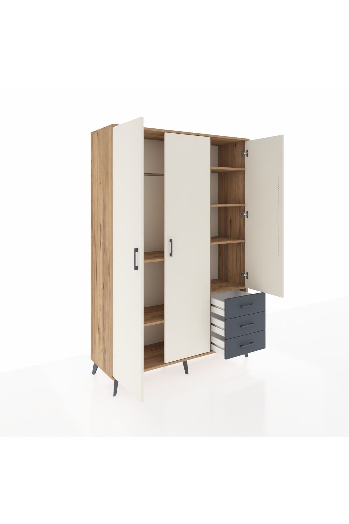 Hyperion Dolap 6 Raflı 3 Çekmeceli Tek Askılı 132x44x195 Çam-Aytaşı/Antrasit