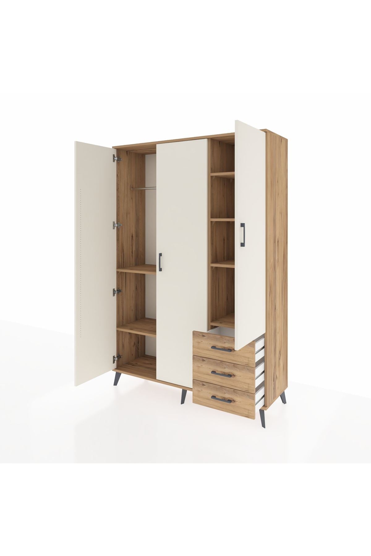 Hyperion Dolap 6 Raflı 3 Çekmeceli Tek Askılı 132x44x195 Çam-Aytaşı/Çam