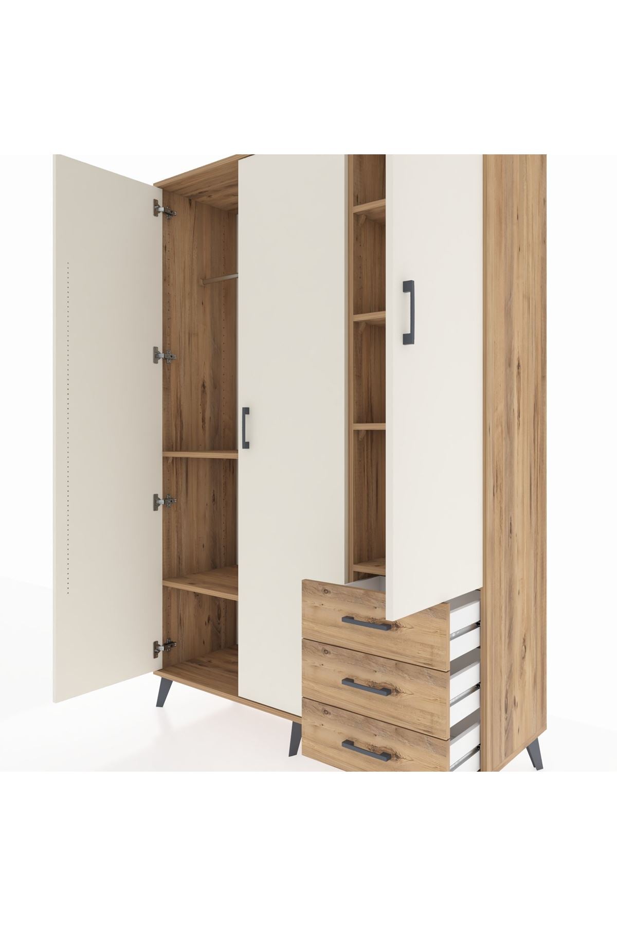 Hyperion Dolap 6 Raflı 3 Çekmeceli Tek Askılı 132x44x195 Çam-Aytaşı/Çam