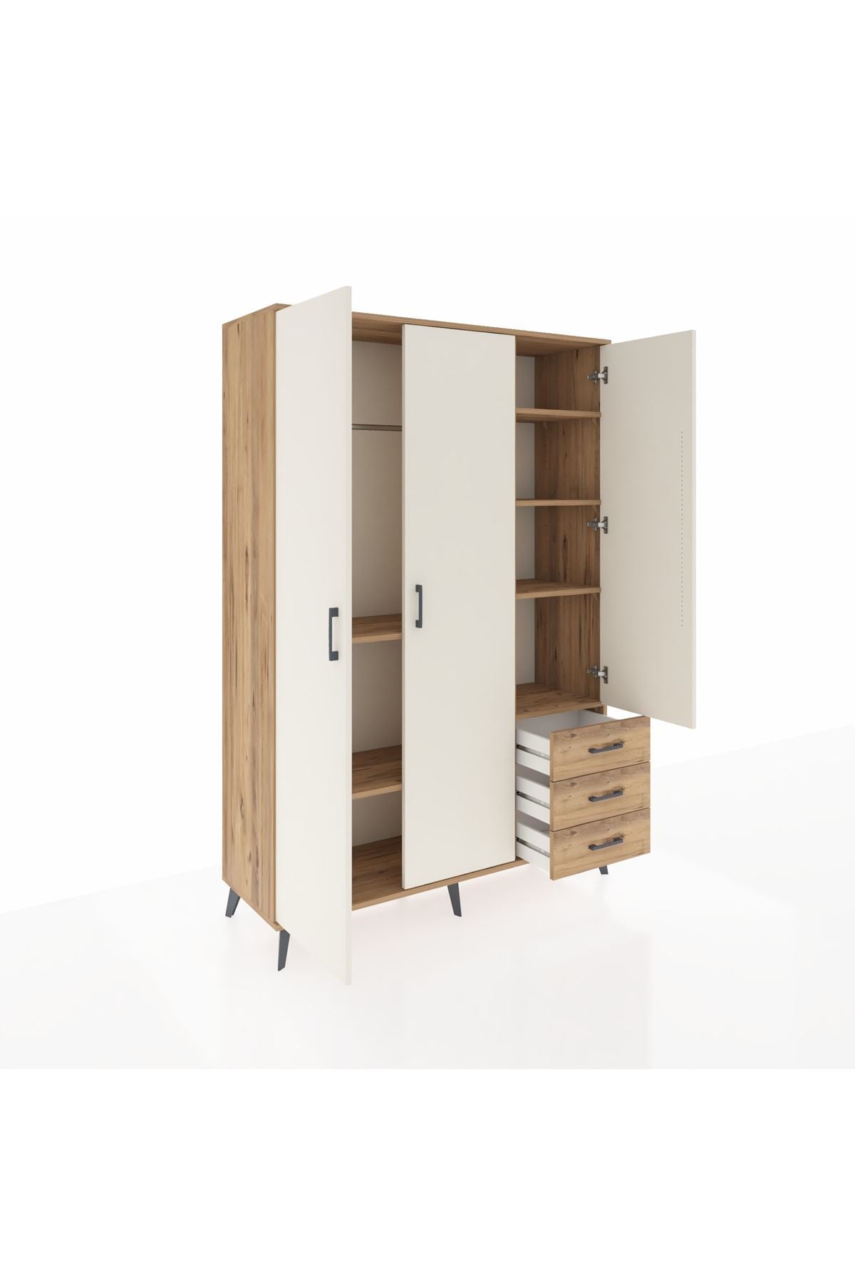 Hyperion Dolap 6 Raflı 3 Çekmeceli Tek Askılı 132x44x195 Çam-Aytaşı/Çam