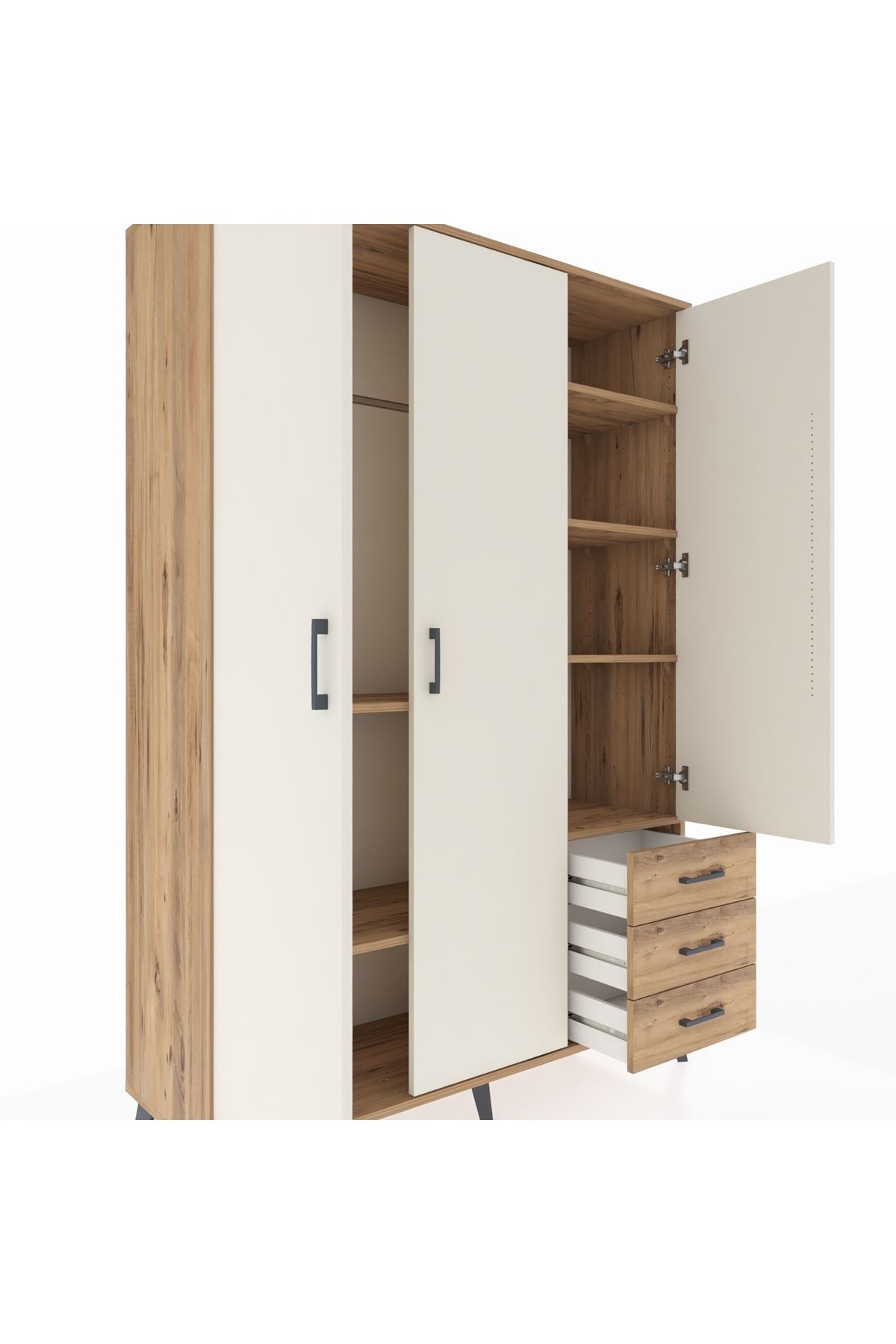 Hyperion Dolap 6 Raflı 3 Çekmeceli Tek Askılı 132x44x195 Çam-Aytaşı/Çam