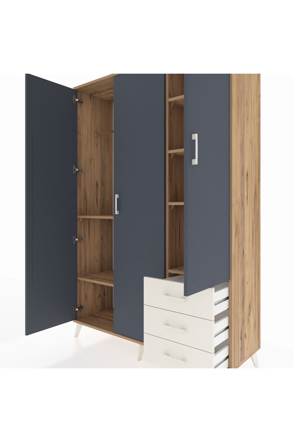 Hyperion Dolap 6 Raflı 3 Çekmeceli Tek Askılı 132x44x195 Çam-Antrasit/Aytaşı