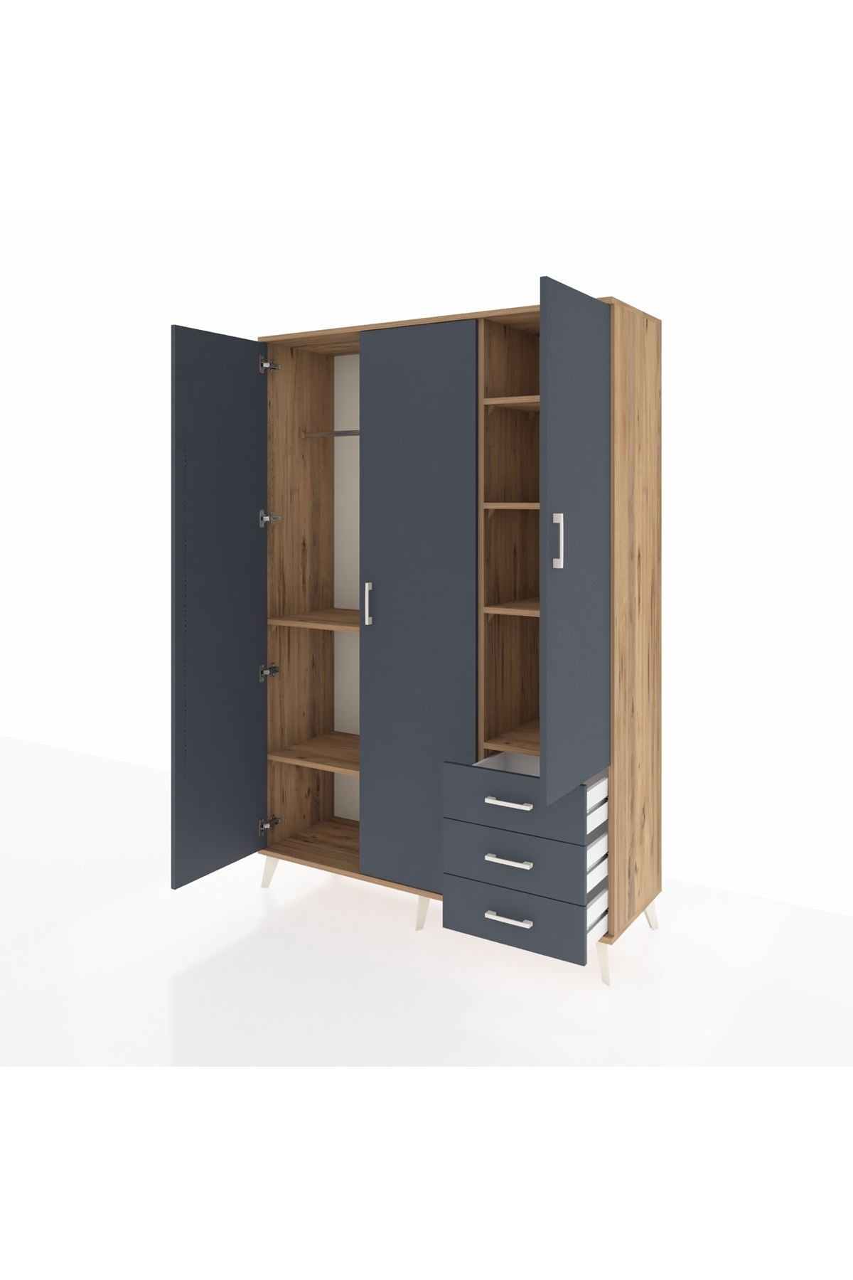 Hyperion Dolap 6 Raflı 3 Çekmeceli Tek Askılı 132x44x195 Çam-Antrasit/Antrasit