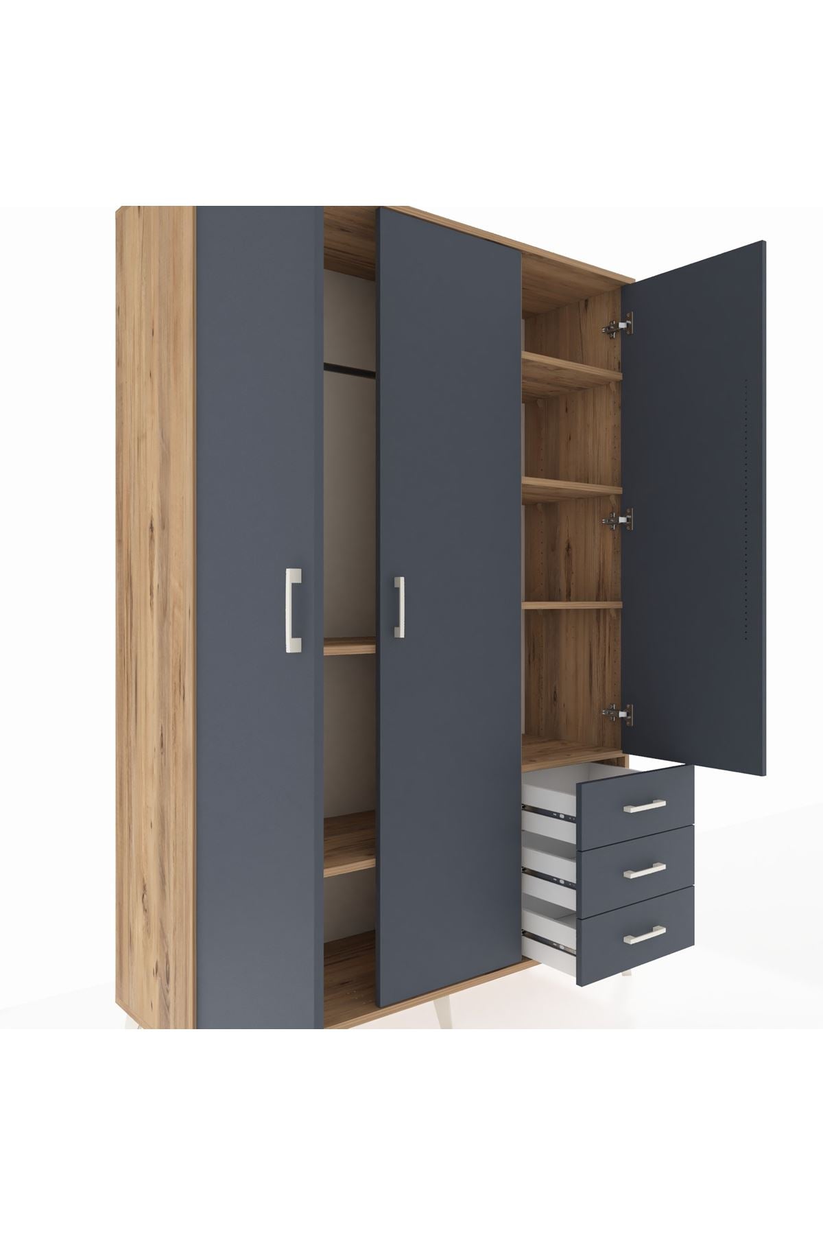 Hyperion Dolap 6 Raflı 3 Çekmeceli Tek Askılı 132x44x195 Çam-Antrasit/Antrasit