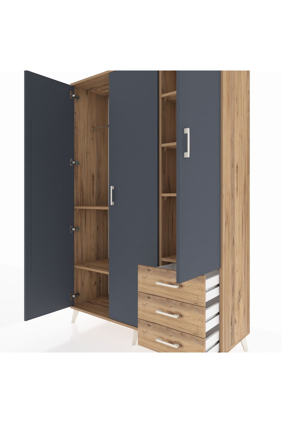 Hyperion Dolap 6 Raflı 3 Çekmeceli Tek Askılı 132x44x195 Çam-Antrasit/Çam