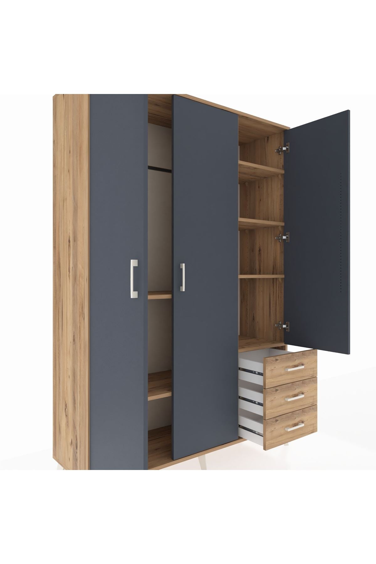 Hyperion Dolap 6 Raflı 3 Çekmeceli Tek Askılı 132x44x195 Çam-Antrasit/Çam