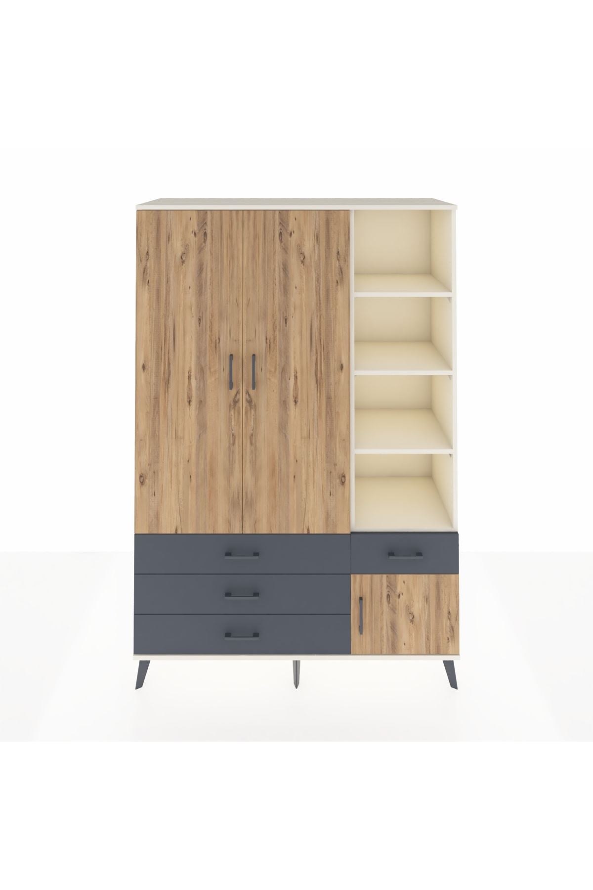 Hyperion Dolap 5 Raflı 4 Çekmeceli Tek Askılı 132x44x195 Aytaşı-Çam/Antrasit