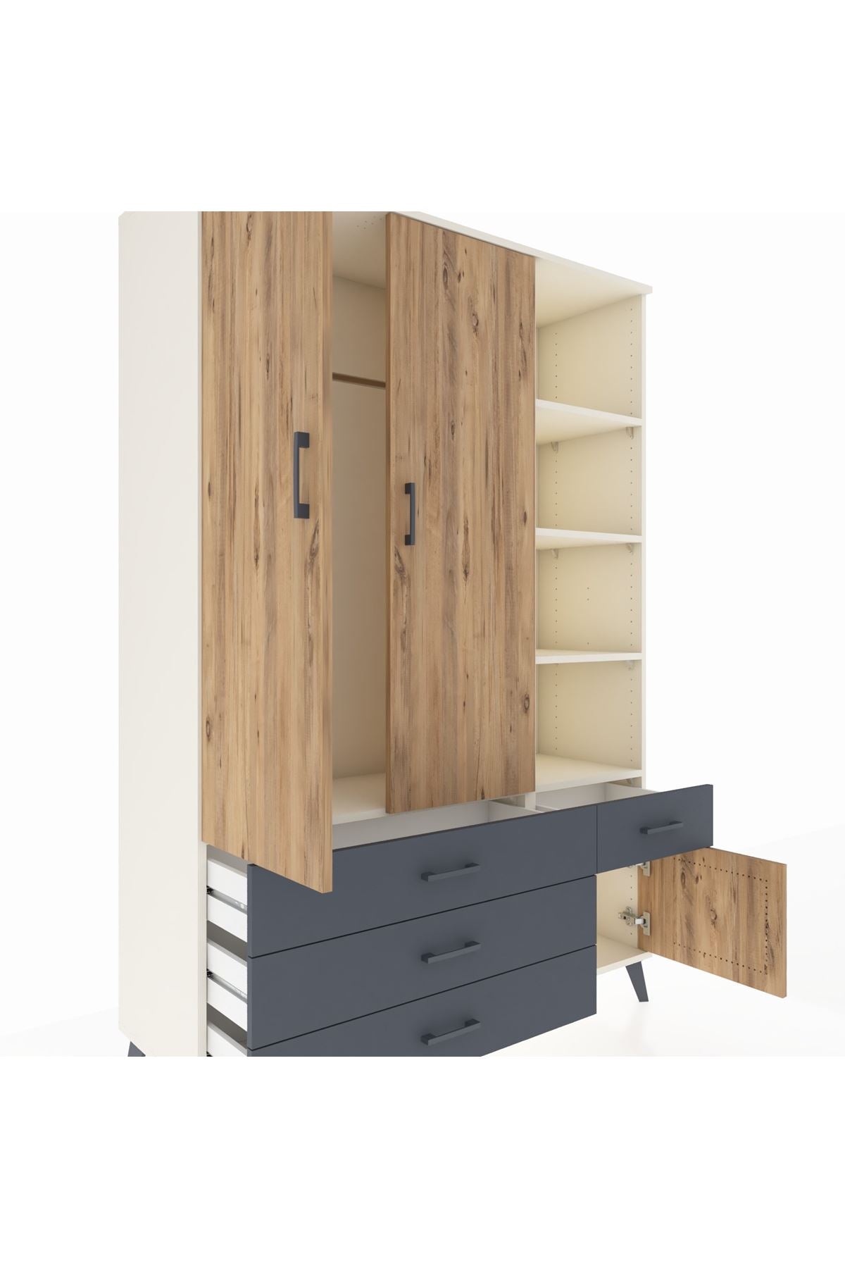 Hyperion Dolap 5 Raflı 4 Çekmeceli Tek Askılı 132x44x195 Aytaşı-Çam/Antrasit