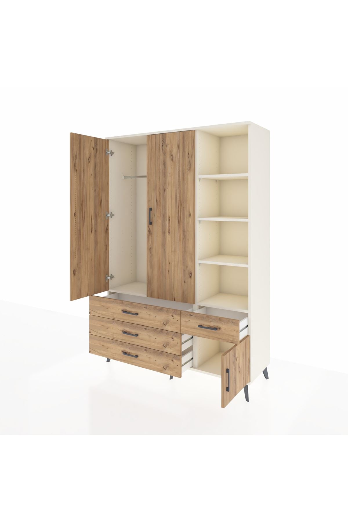 Hyperion Dolap 5 Raflı 4 Çekmeceli Tek Askılı 132x44x195 Aytaşı-Çam/Çam