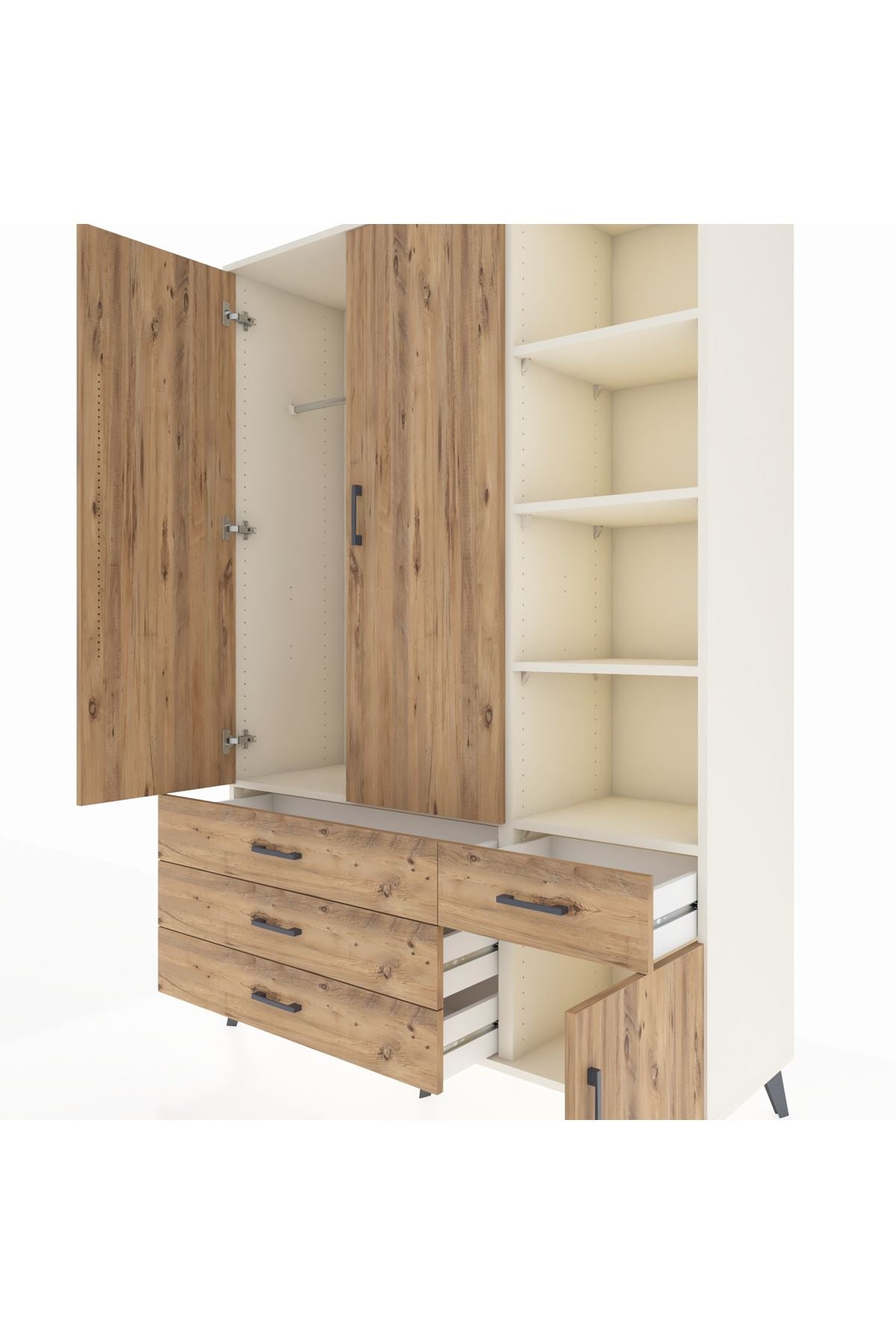 Hyperion Dolap 5 Raflı 4 Çekmeceli Tek Askılı 132x44x195 Aytaşı-Çam/Çam