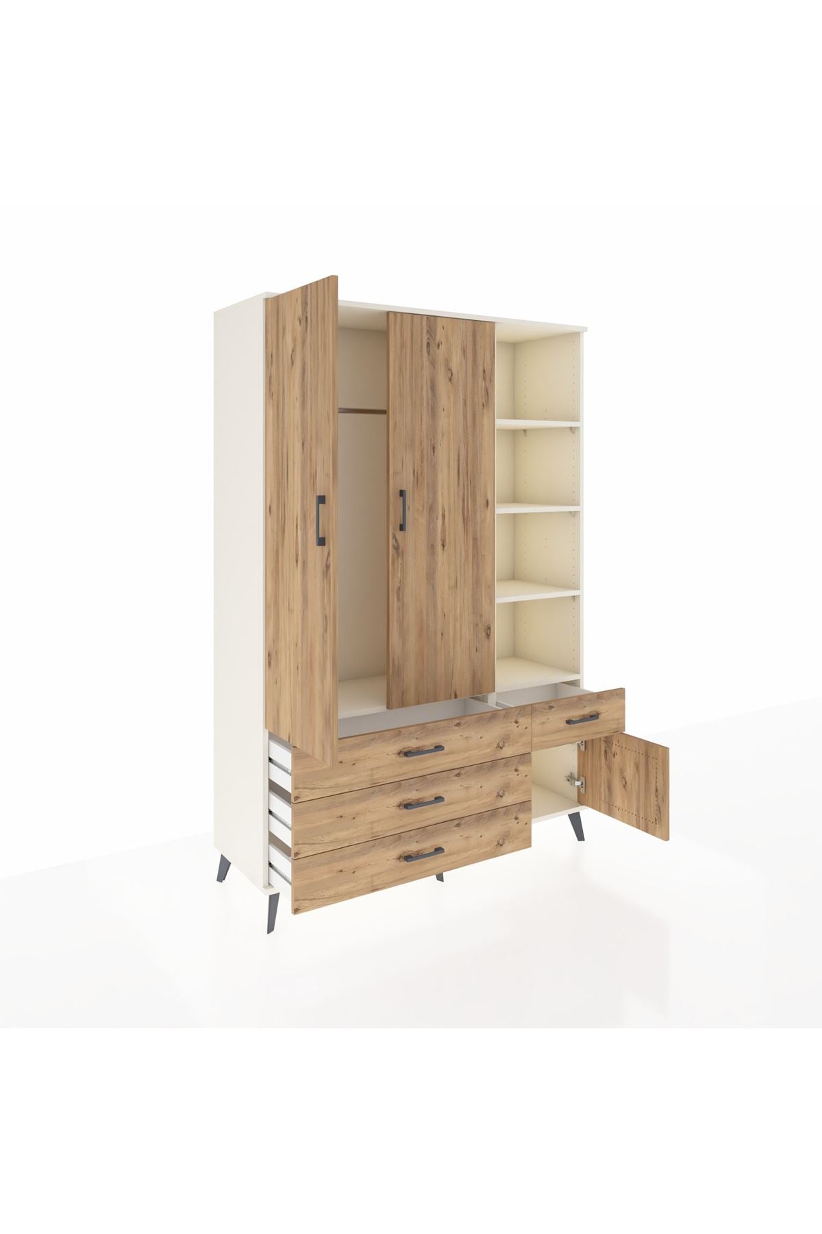 Hyperion Dolap 5 Raflı 4 Çekmeceli Tek Askılı 132x44x195 Aytaşı-Çam/Çam