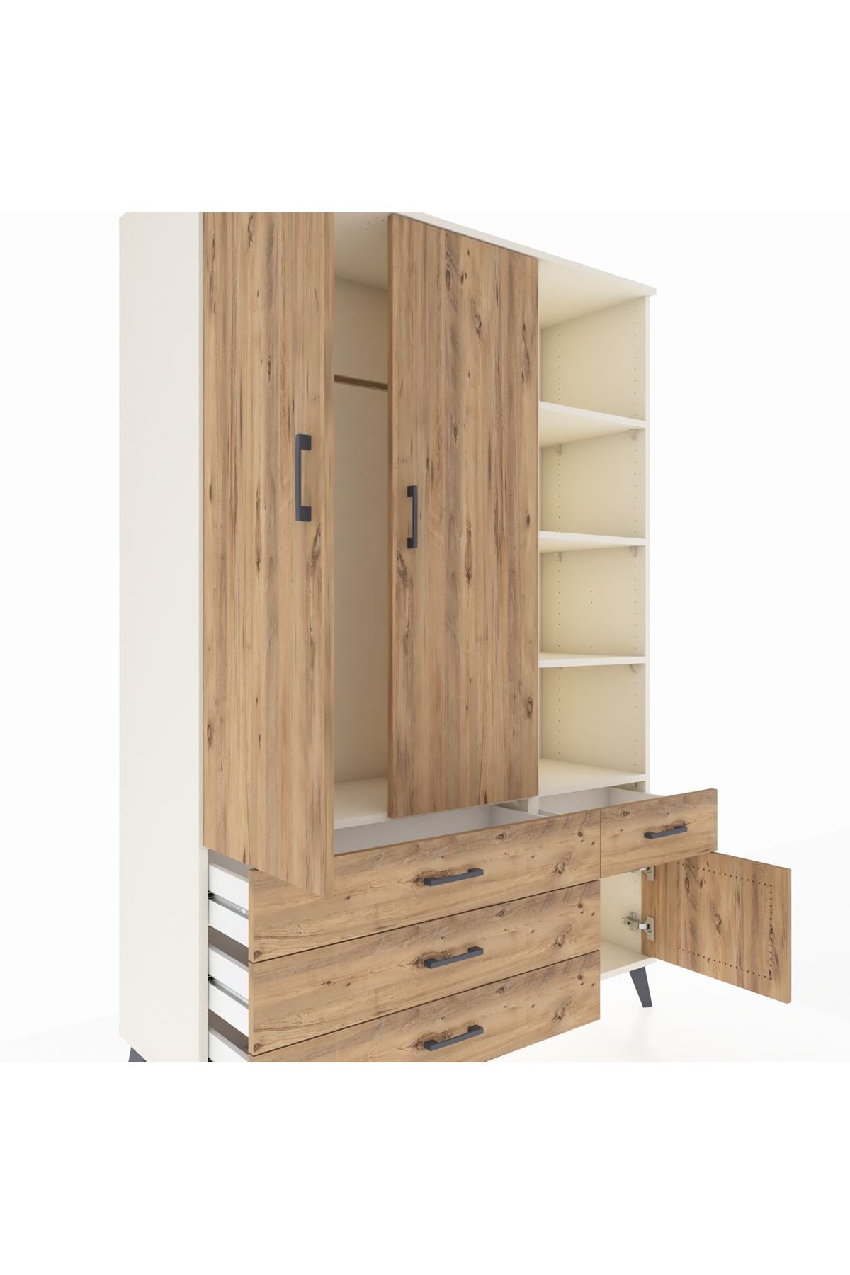 Hyperion Dolap 5 Raflı 4 Çekmeceli Tek Askılı 132x44x195 Aytaşı-Çam/Çam