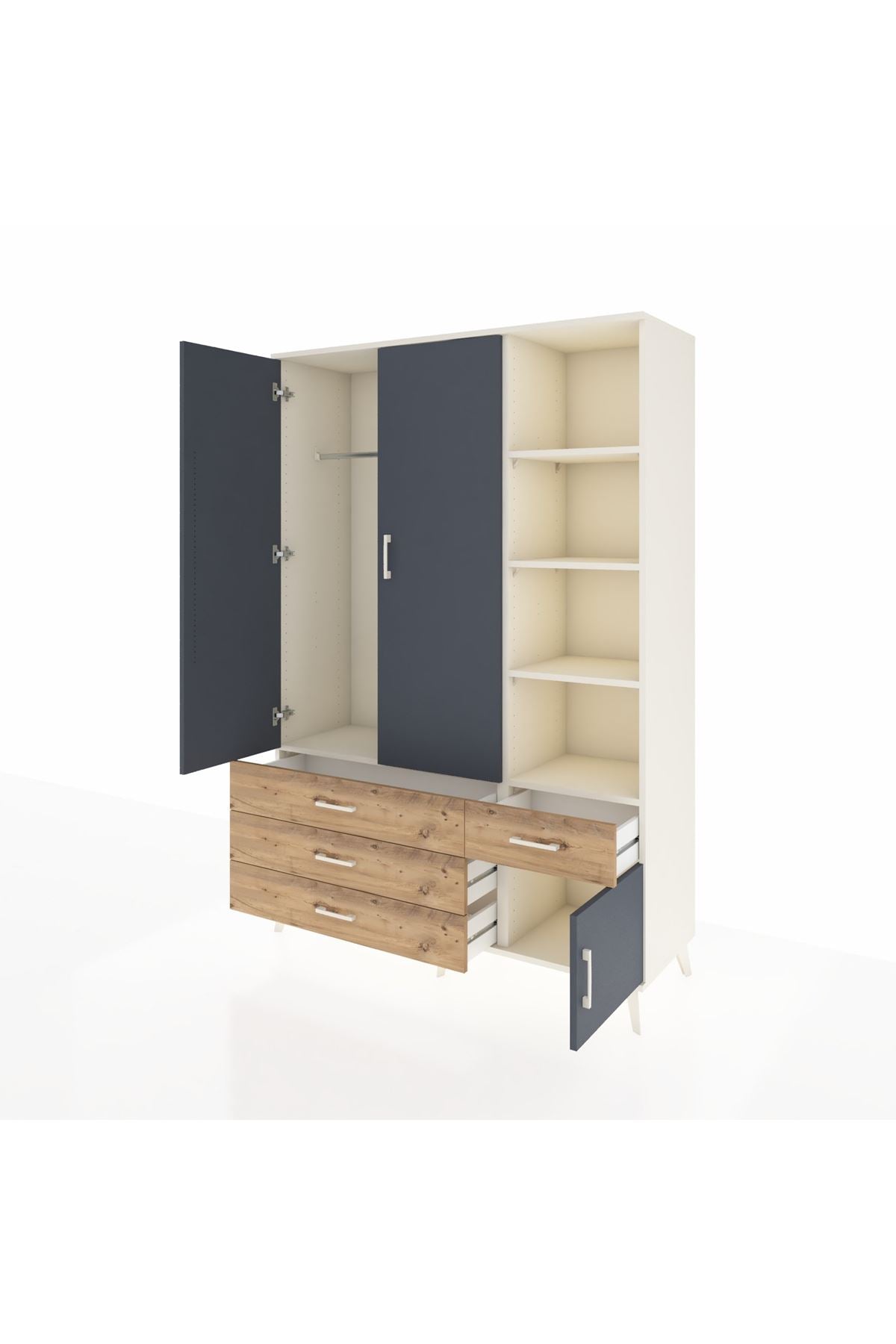 Hyperion Dolap 5 Raflı 4 Çekmeceli Tek Askılı 132x44x195 Aytaşı-Antrasit/Çam