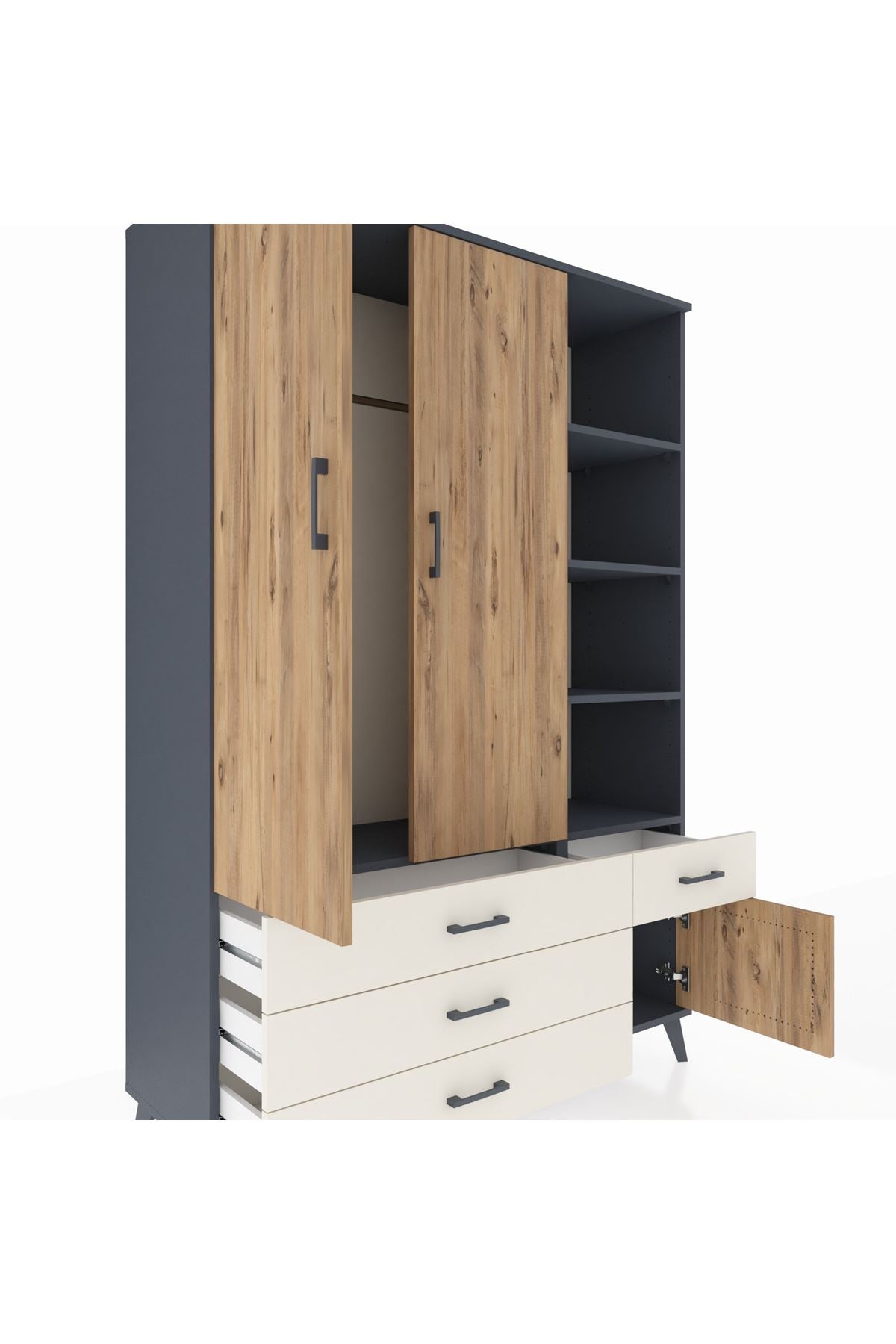 Hyperion Dolap 5 Raflı 4 Çekmeceli Tek Askılı 132x44x195 Antrasit-Çam/Aytaşı