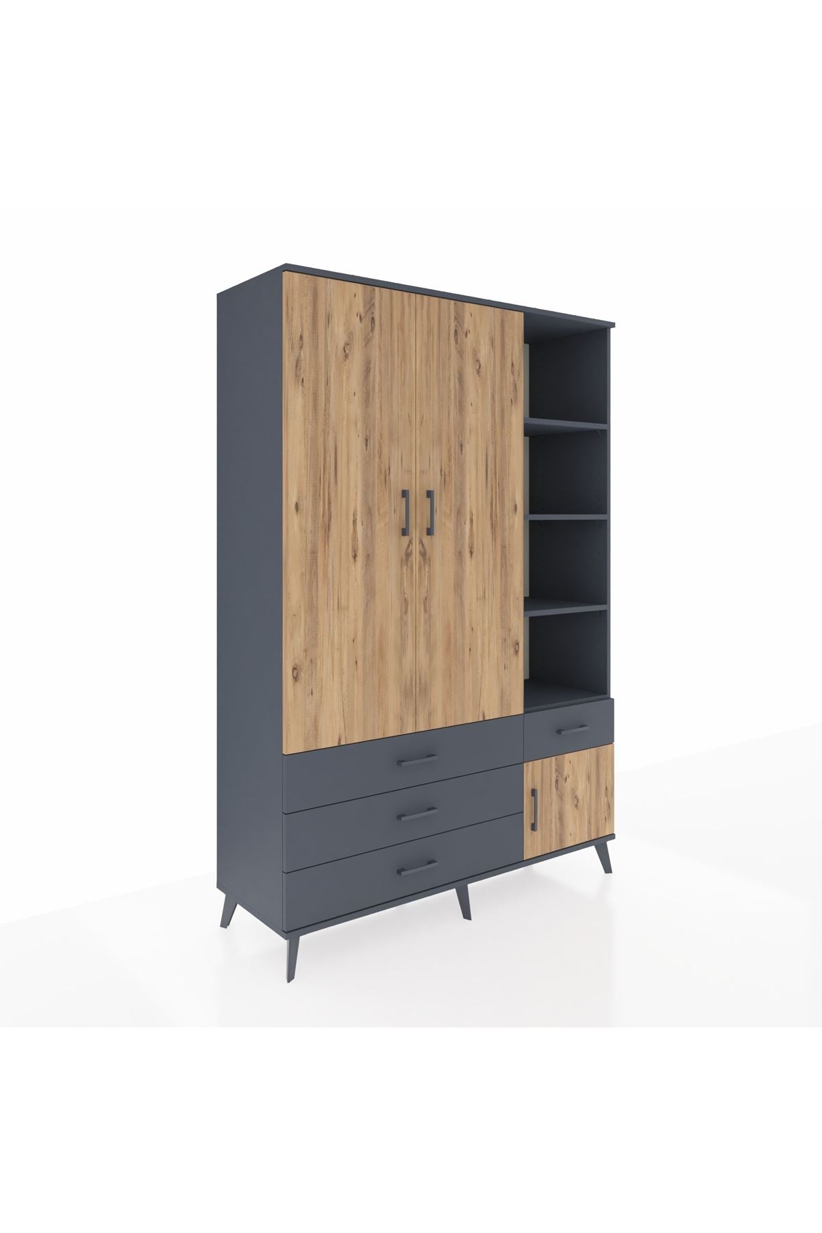 Hyperion Dolap 5 Raflı 4 Çekmeceli Tek Askılı 132x44x195 Antrasit-Çam/Antrasit