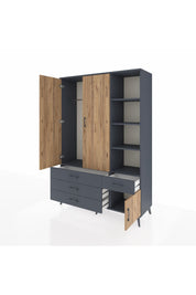 Hyperion Dolap 5 Raflı 4 Çekmeceli Tek Askılı 132x44x195 Antrasit-Çam/Antrasit