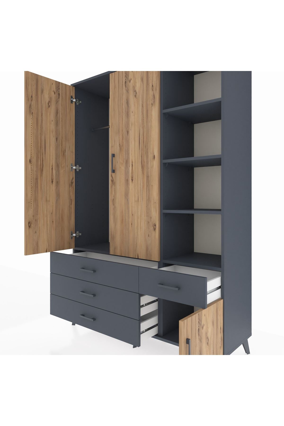 Hyperion Dolap 5 Raflı 4 Çekmeceli Tek Askılı 132x44x195 Antrasit-Çam/Antrasit