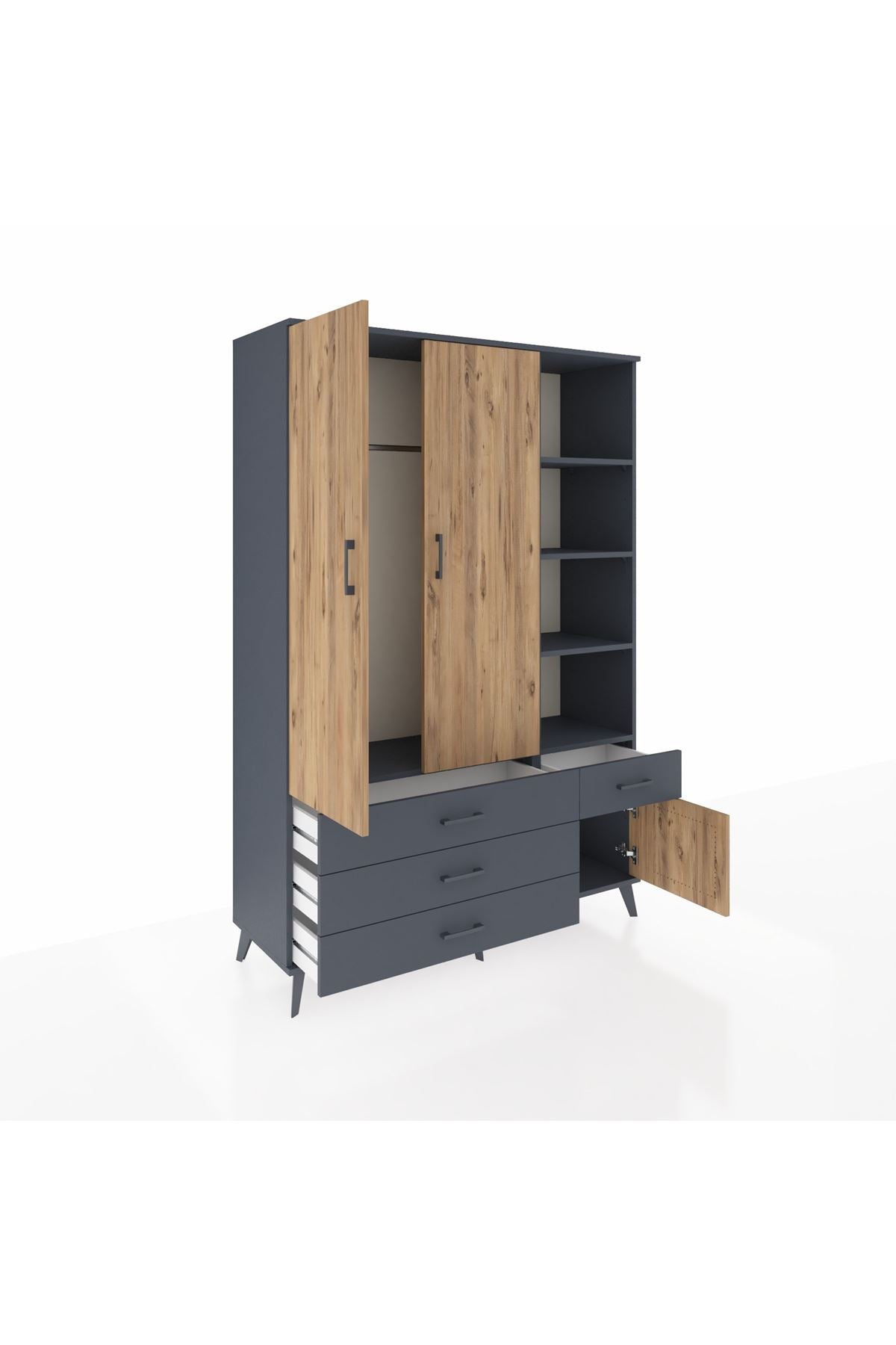 Hyperion Dolap 5 Raflı 4 Çekmeceli Tek Askılı 132x44x195 Antrasit-Çam/Antrasit